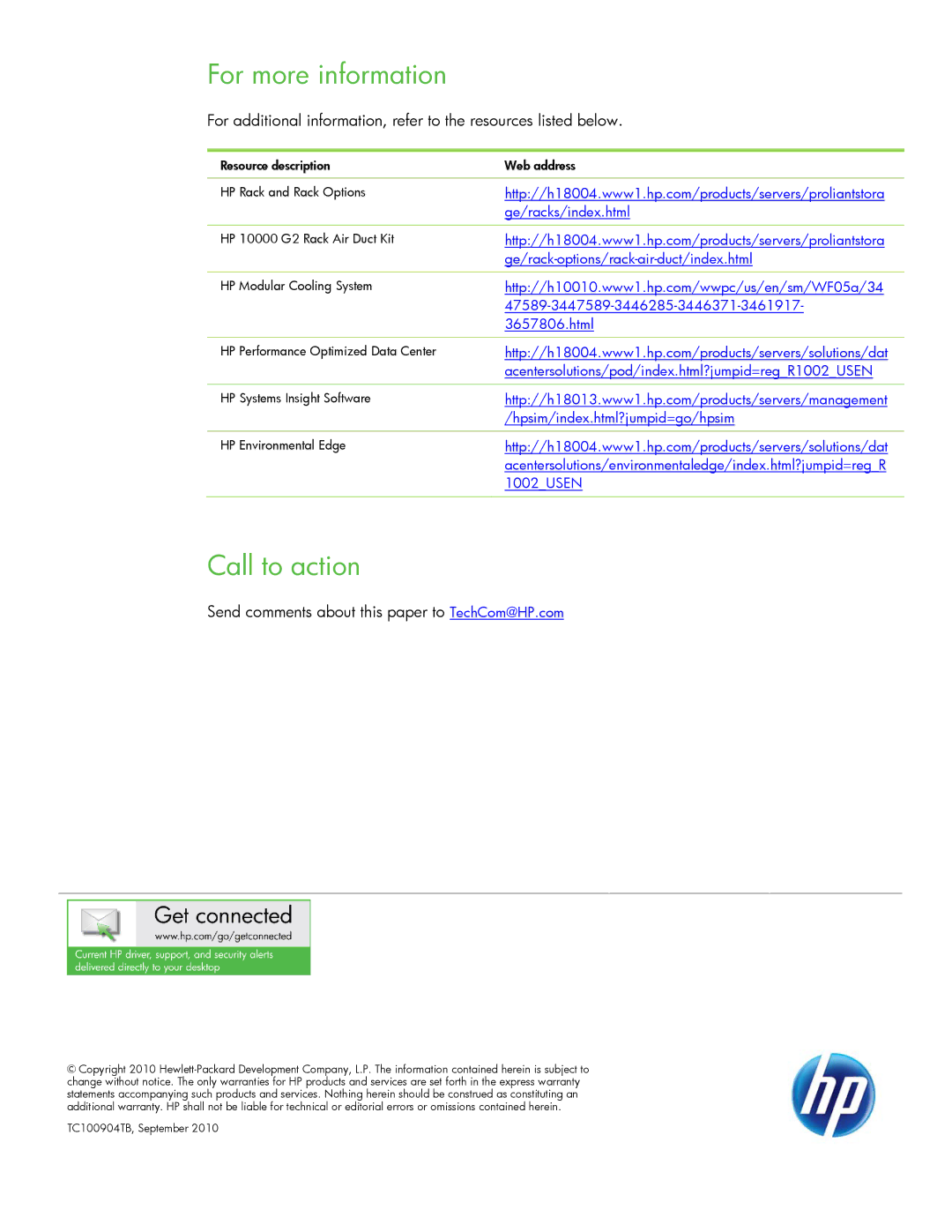 HP Modular Cooling System manual For more information, Call to action 