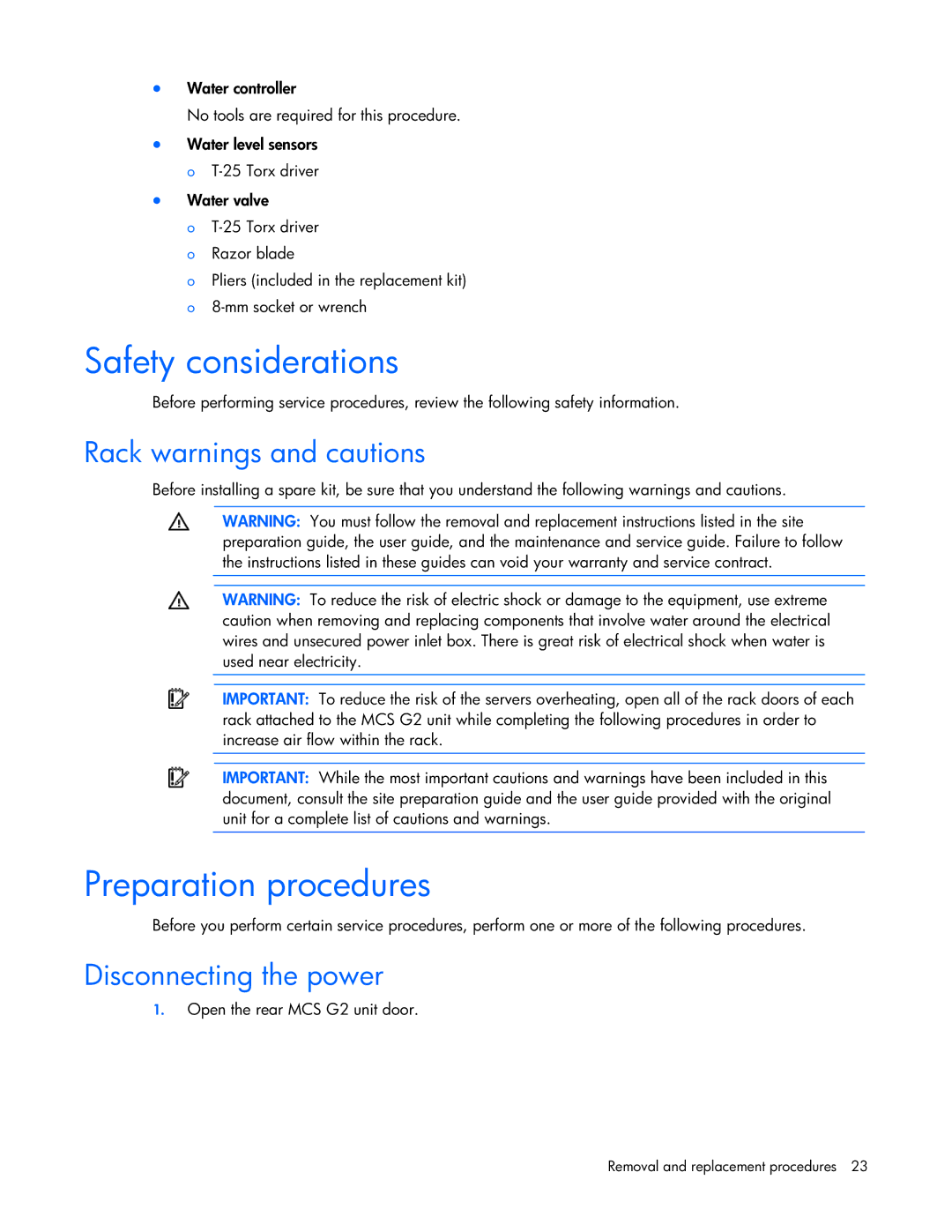 HP Modular Cooling System manual Safety considerations, Preparation procedures, Rack warnings and cautions 