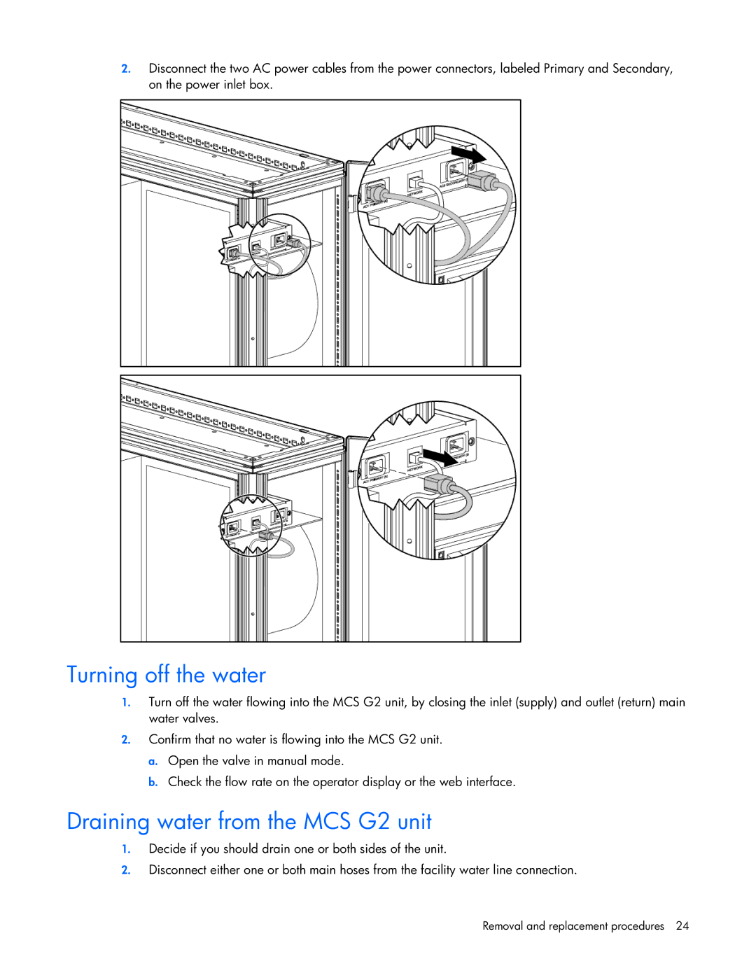 HP Modular Cooling System manual Turning off the water, Draining water from the MCS G2 unit 