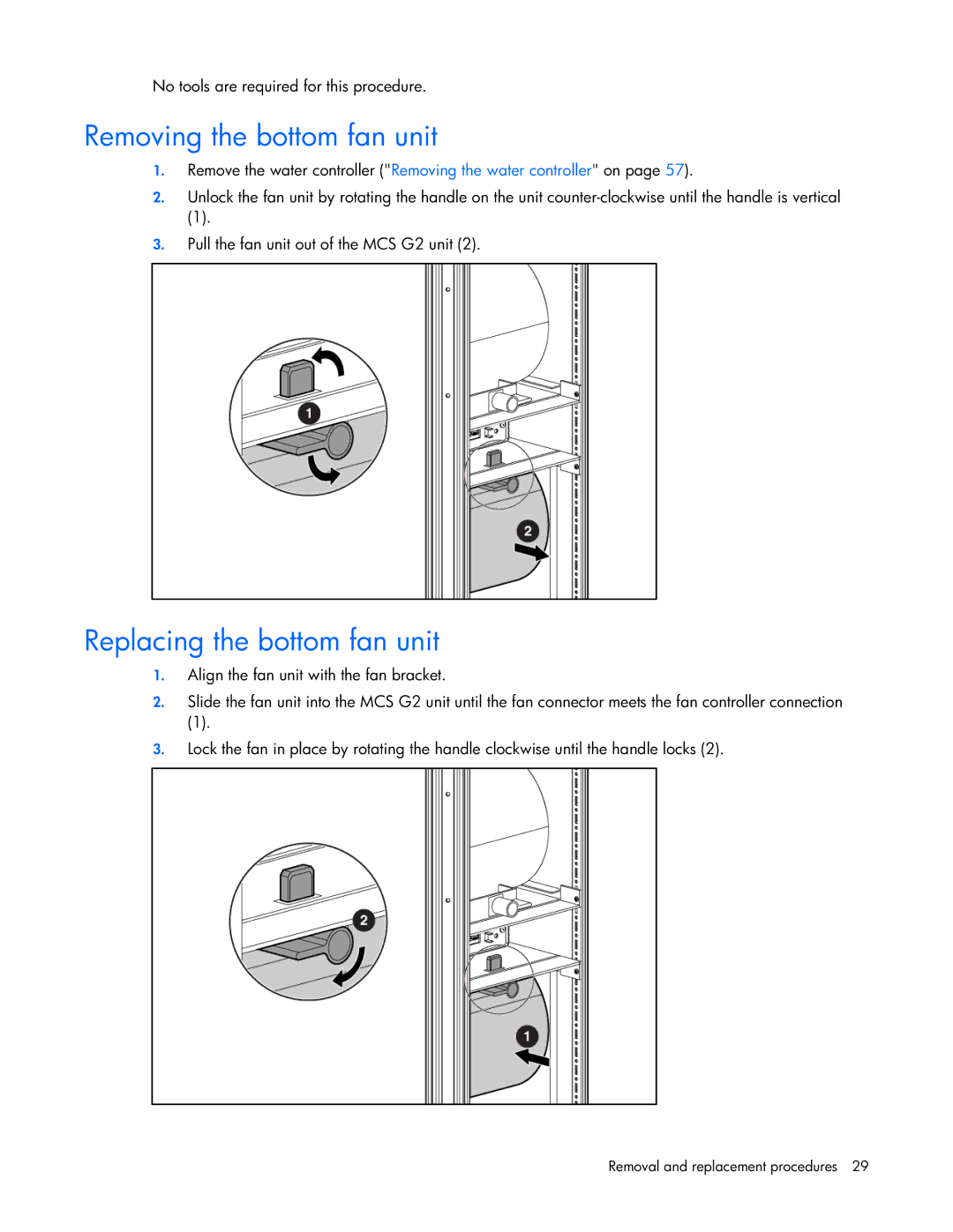 HP Modular Cooling System manual Removing the bottom fan unit, Replacing the bottom fan unit 