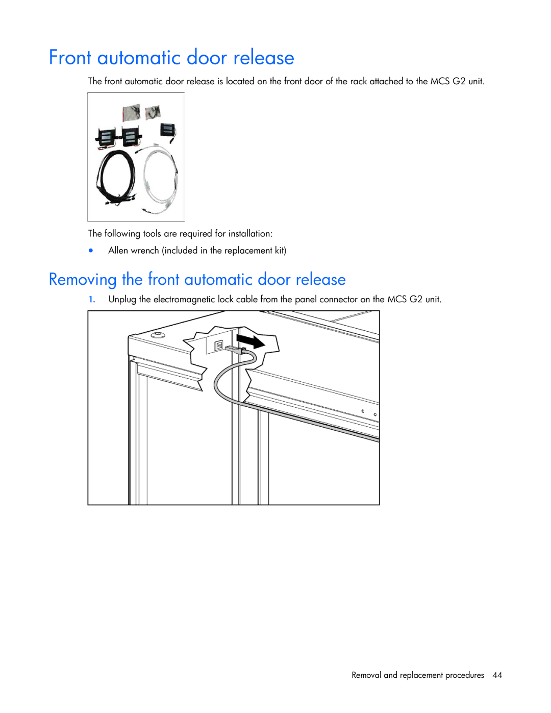 HP Modular Cooling System manual Front automatic door release, Removing the front automatic door release 