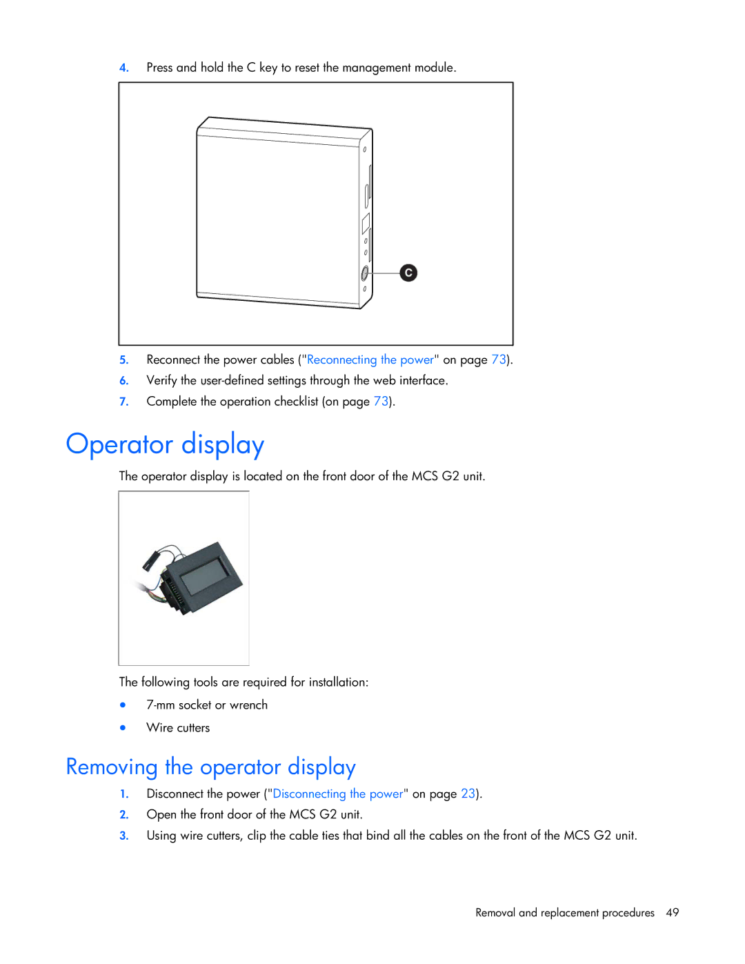 HP Modular Cooling System manual Operator display, Removing the operator display 