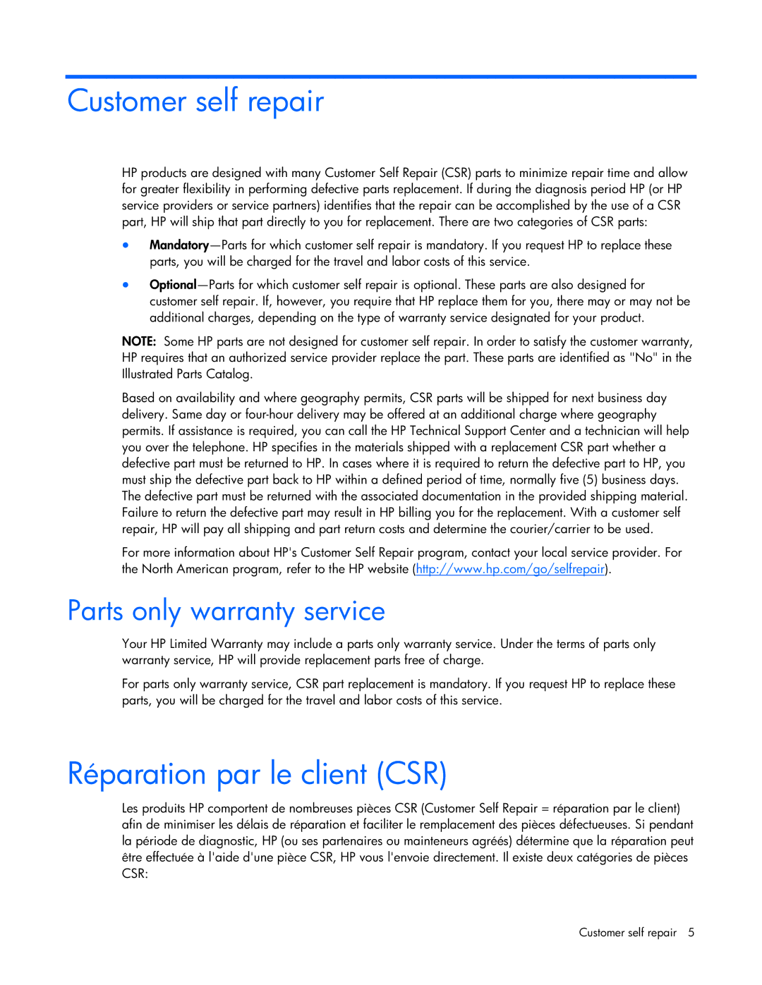 HP Modular Cooling System manual Customer self repair, Réparation par le client CSR, Parts only warranty service 