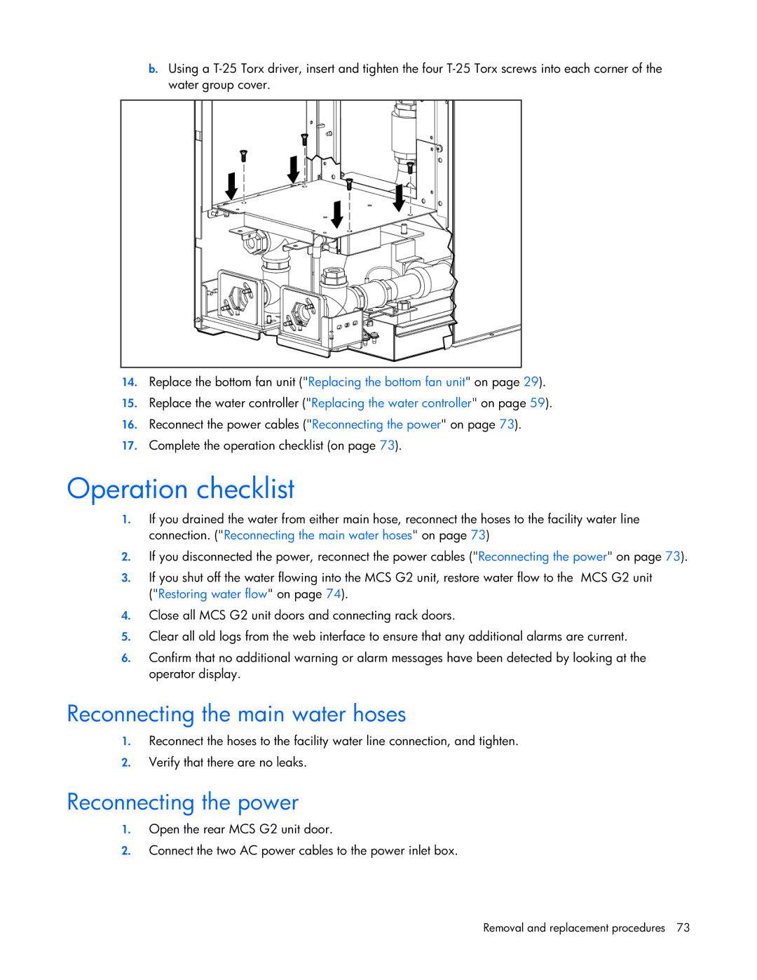 HP Modular Cooling System manual Operation checklist, Reconnecting the main water hoses, Reconnecting the power 