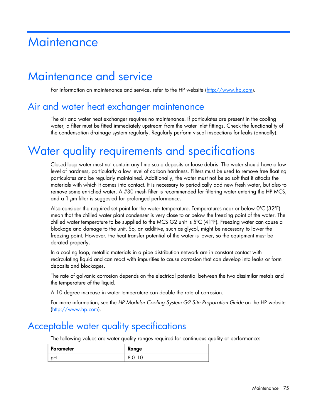 HP Modular Cooling System manual Maintenance and service, Water quality requirements and specifications 