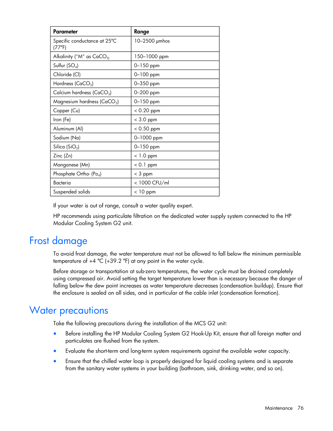 HP Modular Cooling System manual Frost damage, Water precautions 