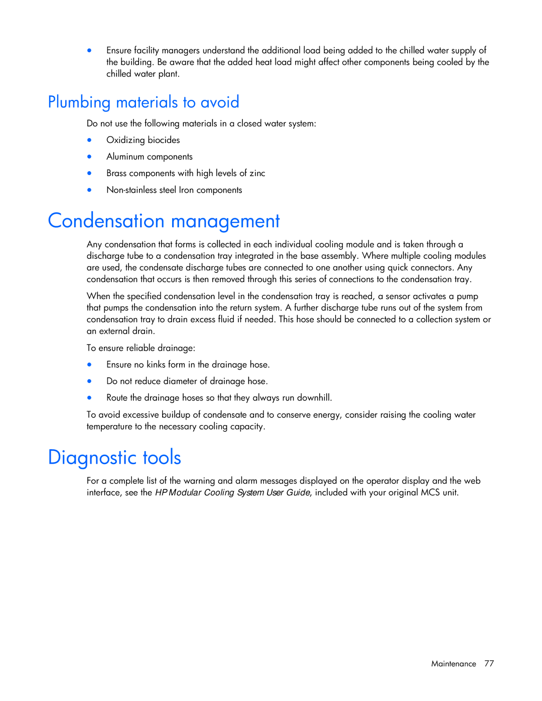 HP Modular Cooling System manual Condensation management, Diagnostic tools, Plumbing materials to avoid 