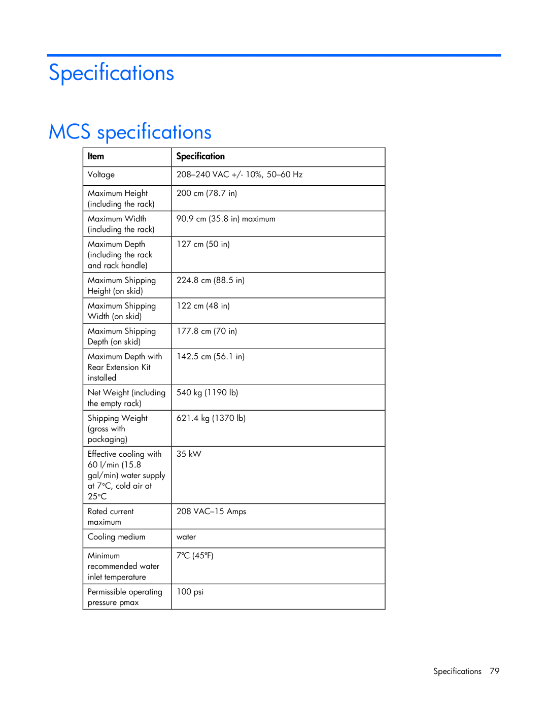 HP Modular Cooling System manual Specifications, MCS specifications 