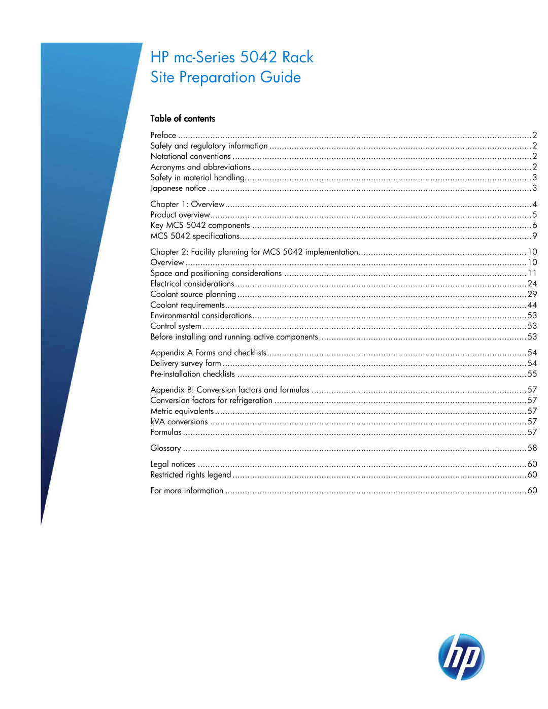 HP Modular Cooling System manual HP mc-Series 5042 Rack Site Preparation Guide, Table of contents 