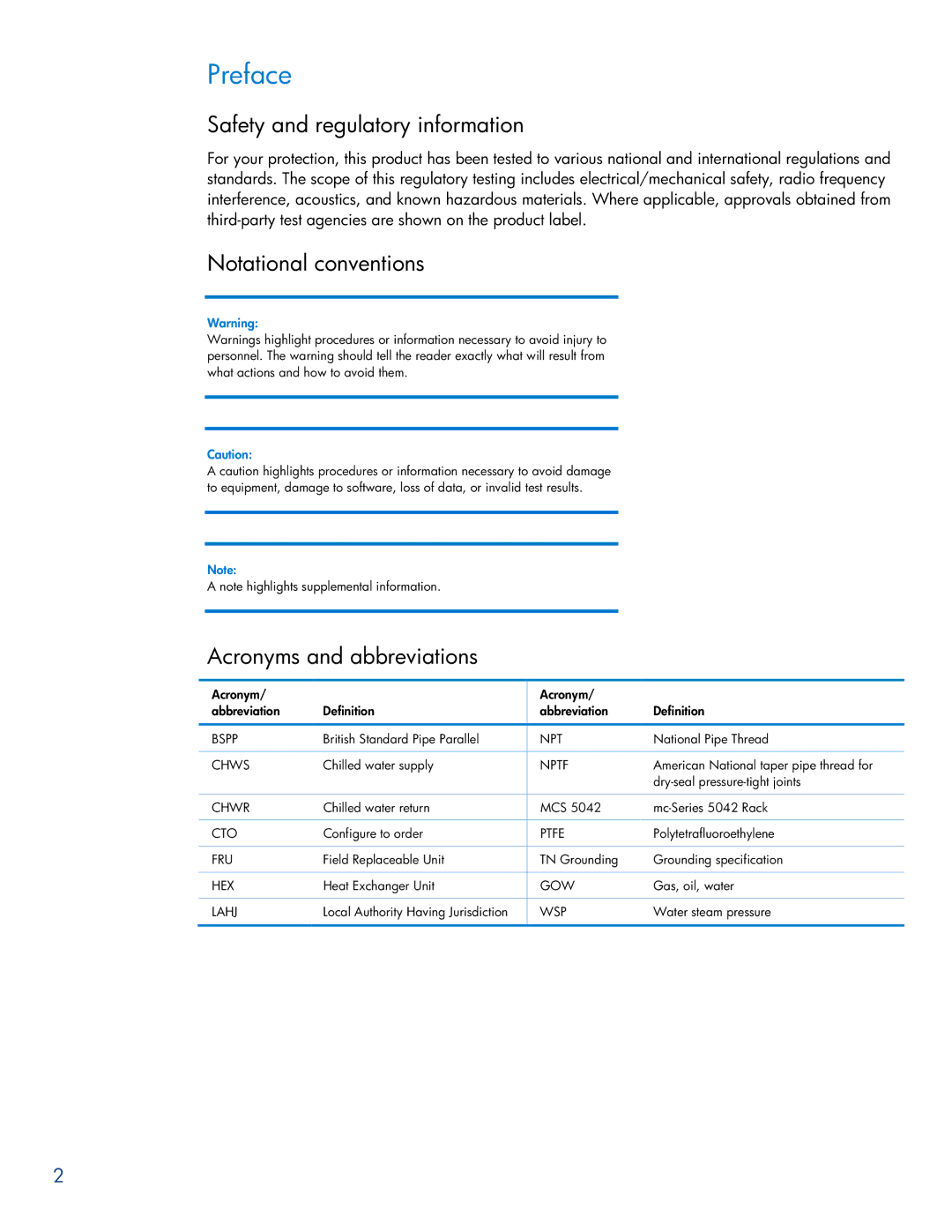 HP Modular Cooling System Preface, Safety and regulatory information, Notational conventions Acronyms and abbreviations 