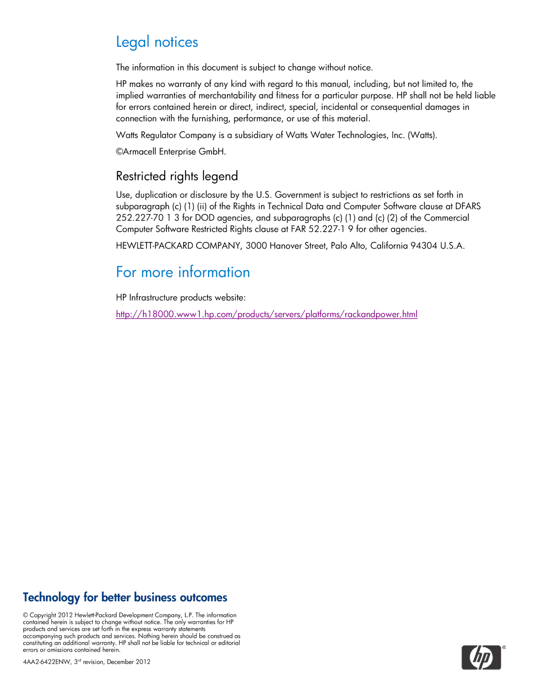 HP Modular Cooling System manual Legal notices, For more information, Restricted rights legend 