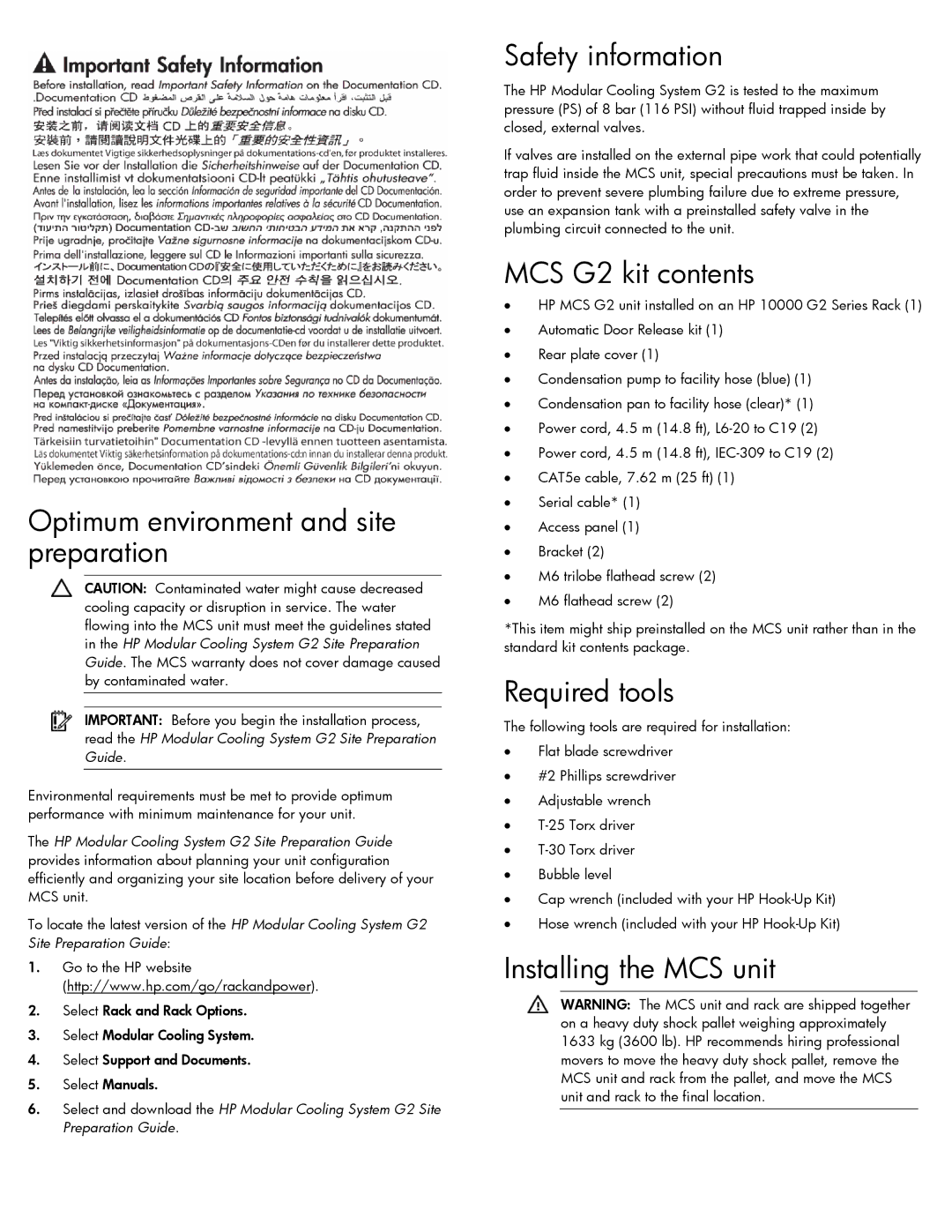 HP Modular Cooling System manual Optimum environment and site preparation, Safety information, MCS G2 kit contents 