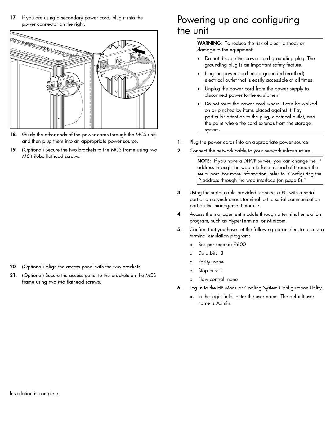 HP Modular Cooling System manual Powering up and configuring the unit 