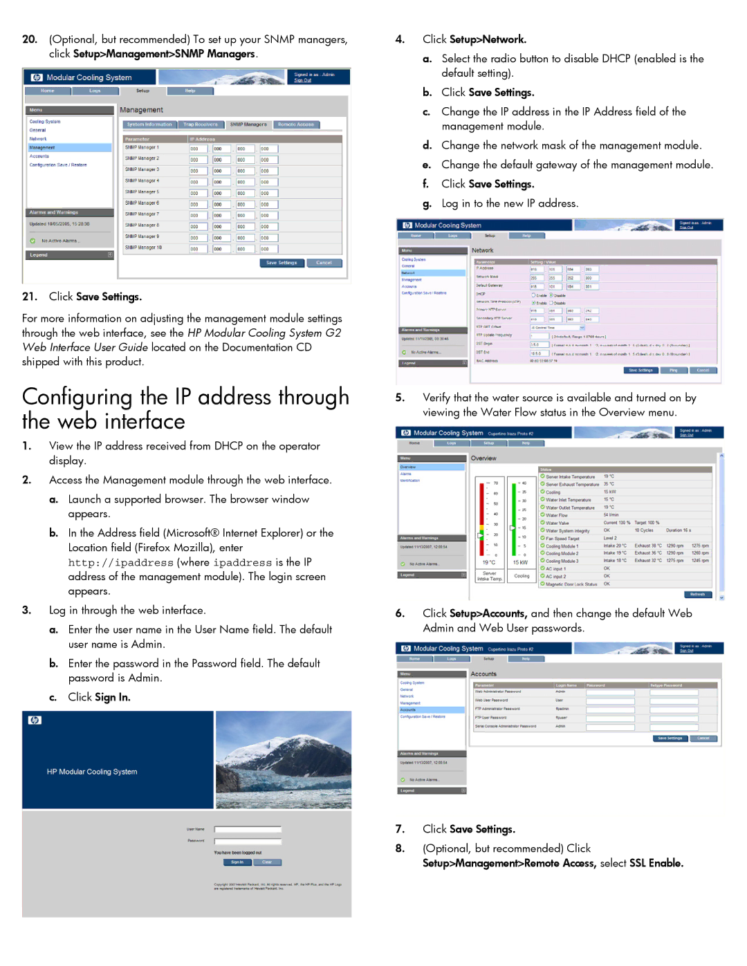 HP Modular Cooling System manual Configuring the IP address through the web interface 