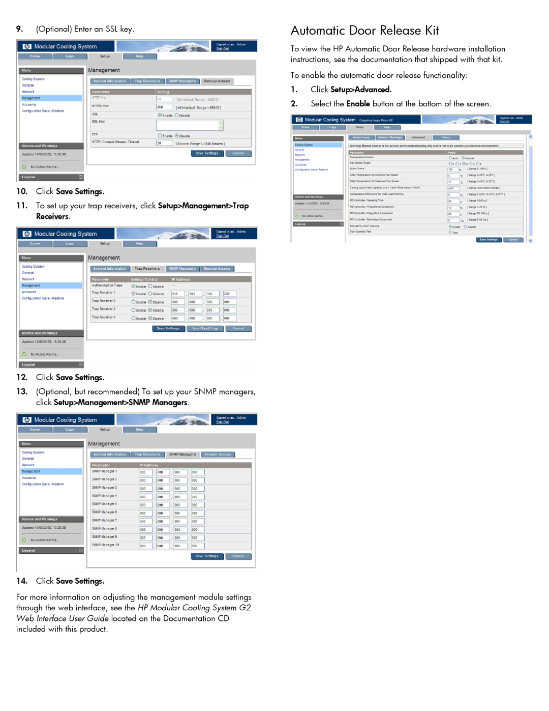 HP Modular Cooling System manual Automatic Door Release Kit 