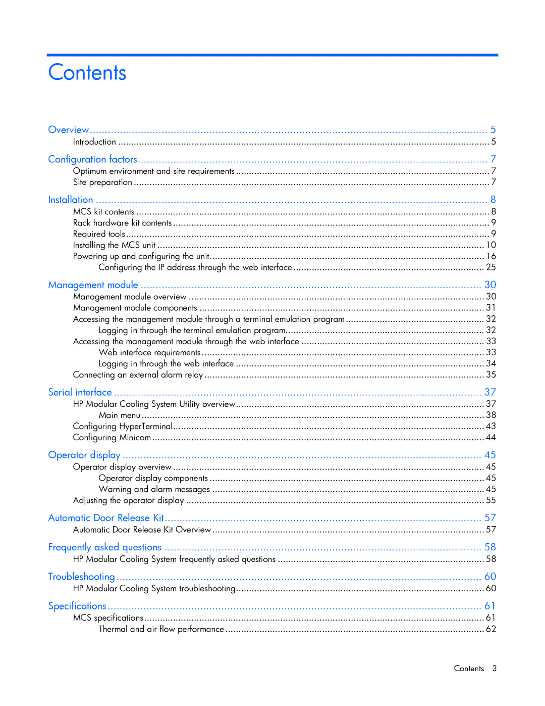 HP Modular Cooling System manual Contents 