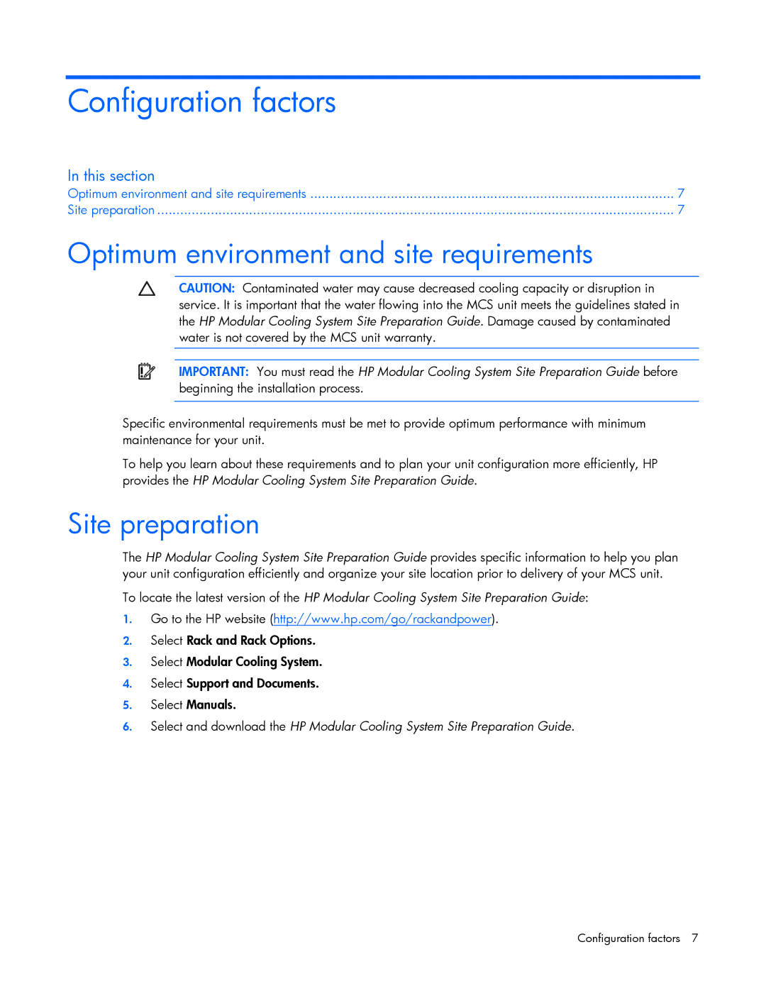 HP Modular Cooling System manual Configuration factors, Optimum environment and site requirements, Site preparation 