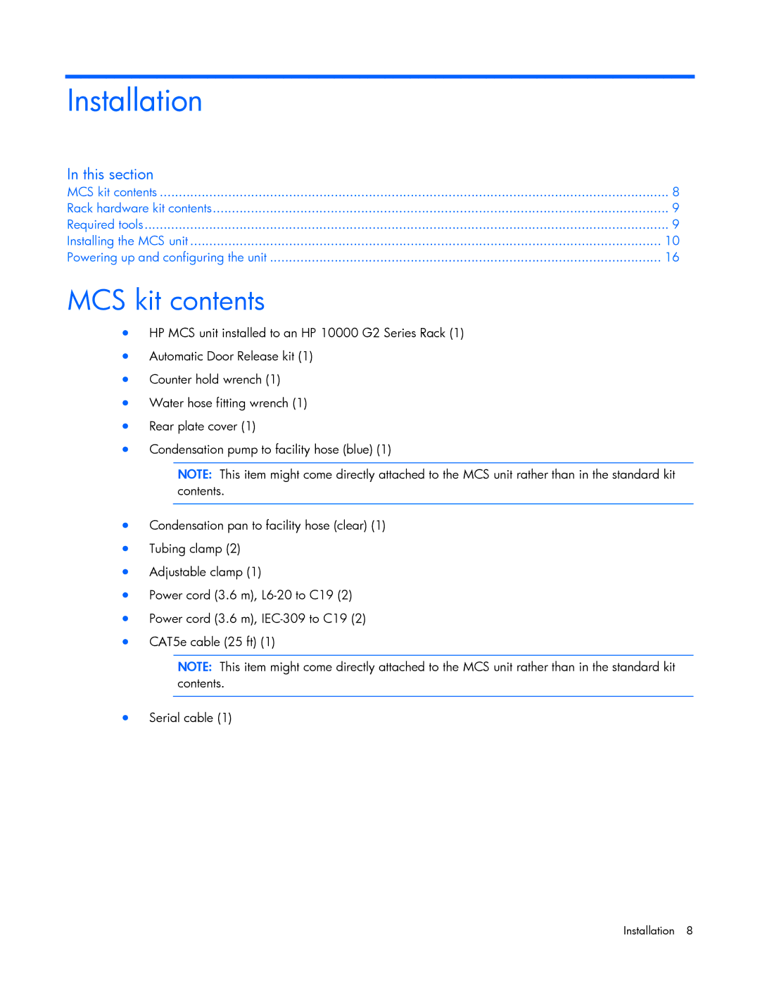 HP Modular Cooling System manual Installation, MCS kit contents 