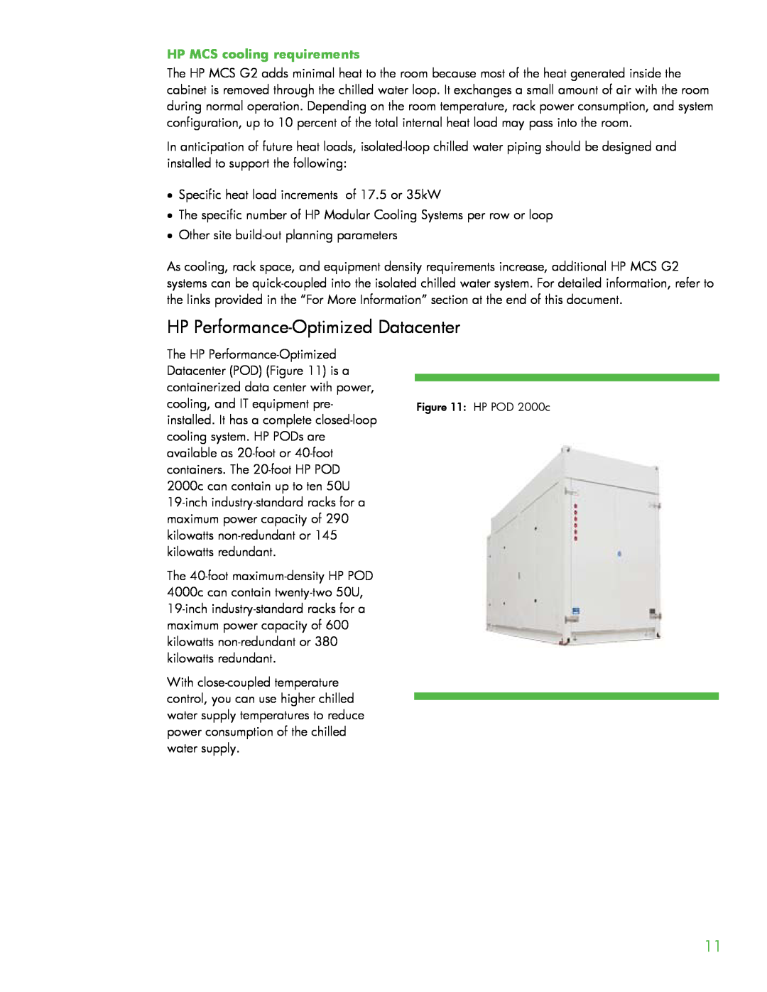 HP Modular Cooling System manual HP Performance-Optimized Datacenter, HP MCS cooling requirements 
