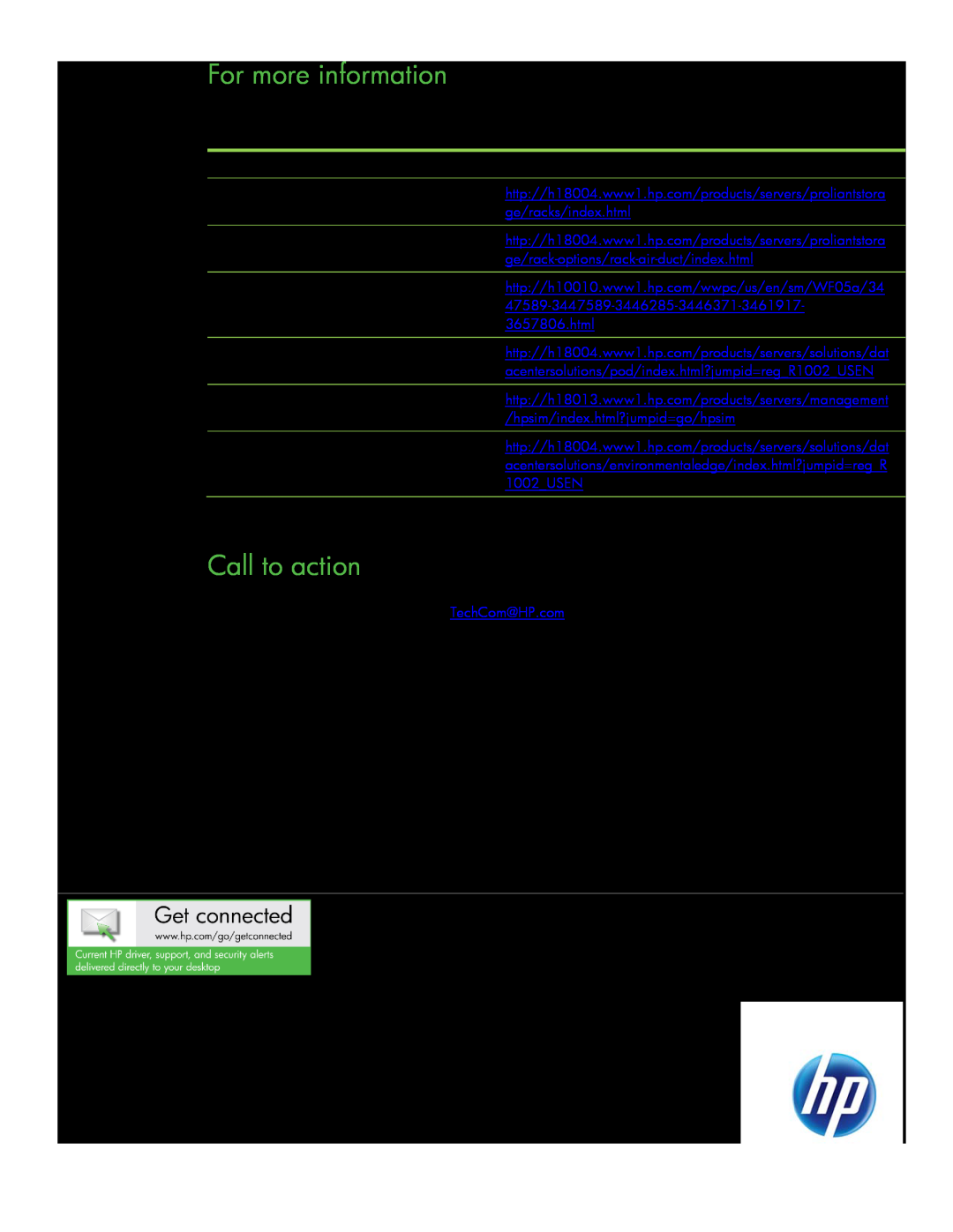 HP Modular Cooling System manual For more information, Call to action, Send comments about this paper to TechCom@HP.com 