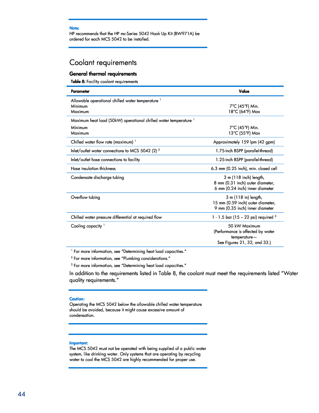 HP Modular Cooling System manual Coolant requirements, General thermal requirements 