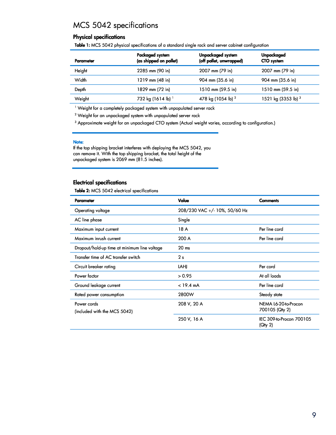HP Modular Cooling System manual MCS 5042 specifications, Physical specifications, Electrical specifications 