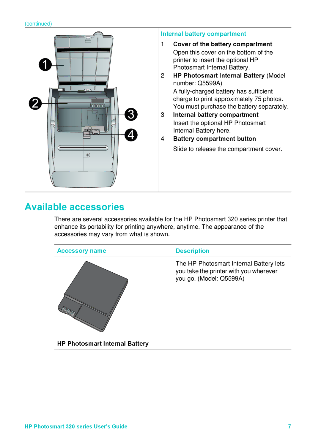 HP Mopier 320 manual Available accessories, Internal battery compartment, Accessory name Description 