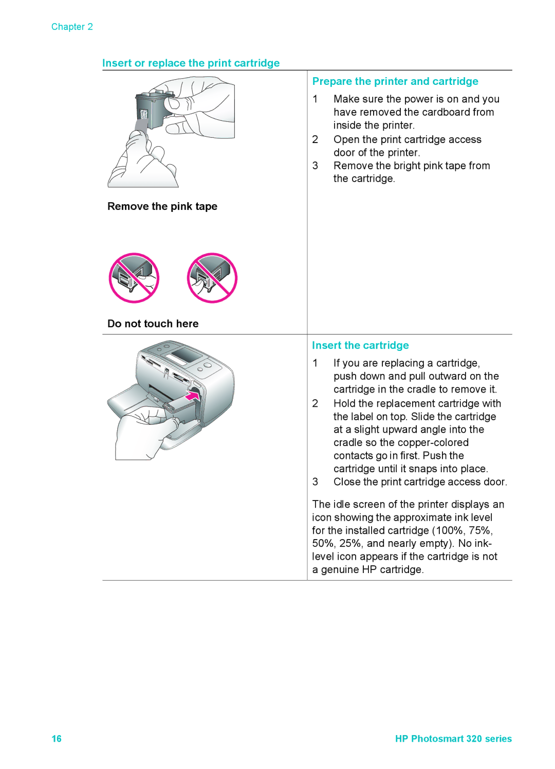 HP Mopier 320 manual Remove the pink tape Do not touch here, Insert the cartridge 