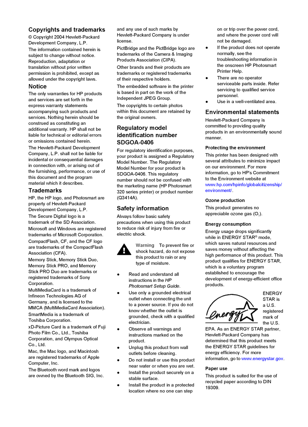 HP Mopier 320 Copyrights and trademarks, Trademarks, Regulatory model identification number SDGOA-0406, Safety information 