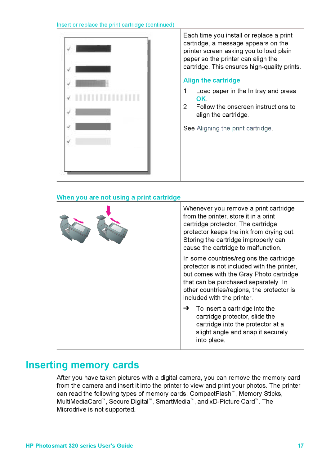 HP Mopier 320 manual Inserting memory cards, Align the cartridge, When you are not using a print cartridge 