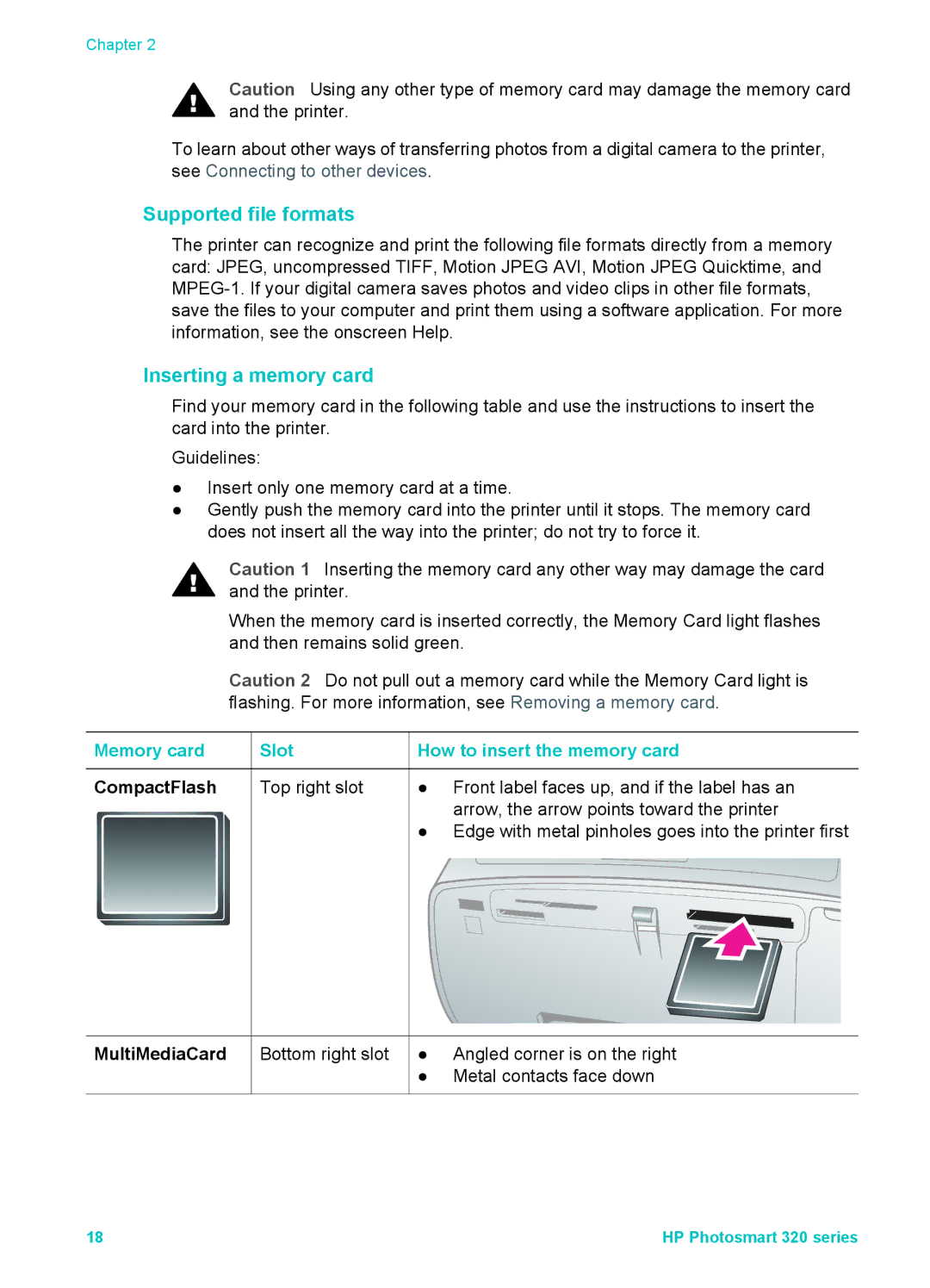 HP Mopier 320 manual Supported file formats, Inserting a memory card, MultiMediaCard 