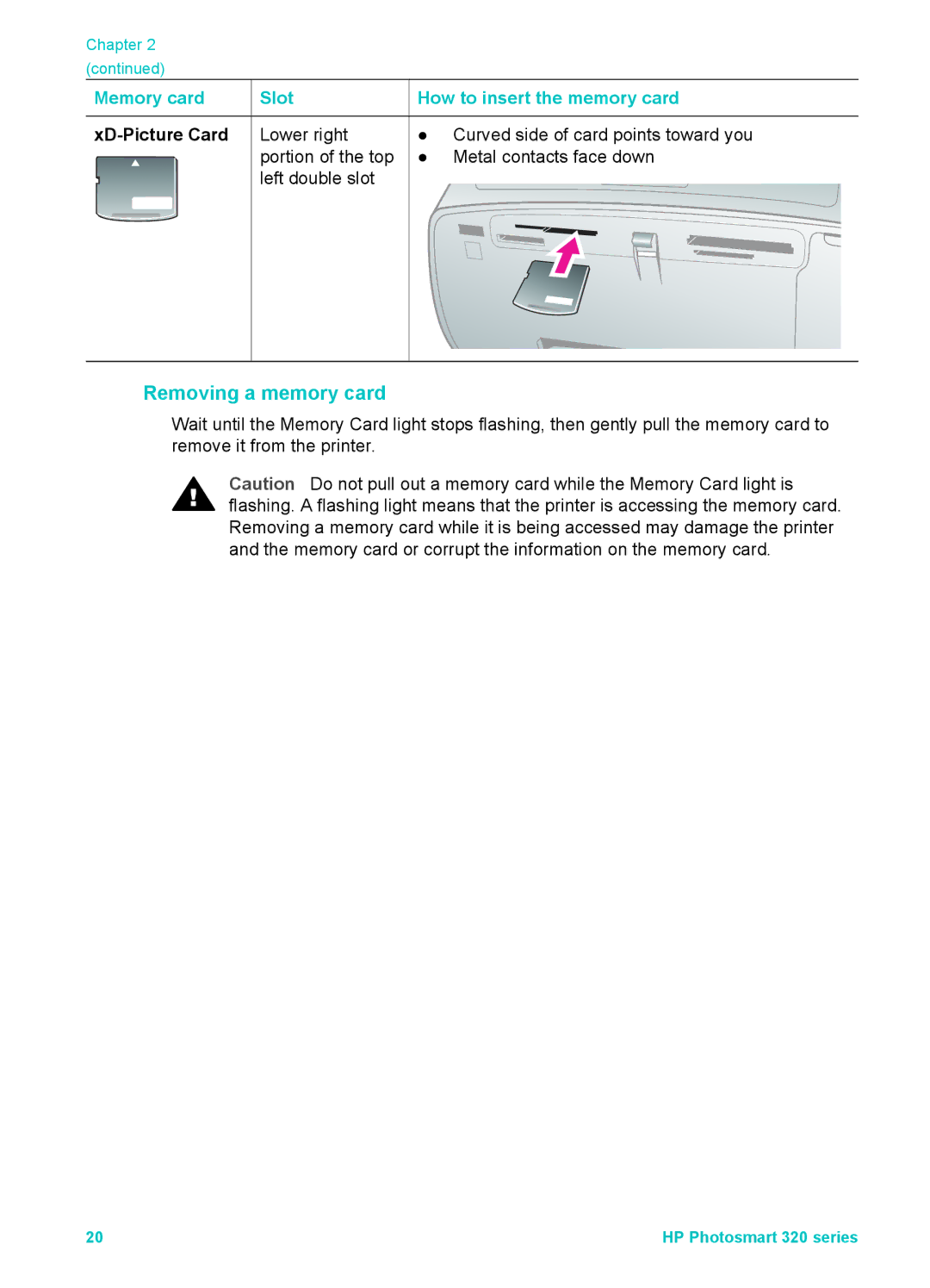 HP Mopier 320 manual Removing a memory card, XD-Picture Card 