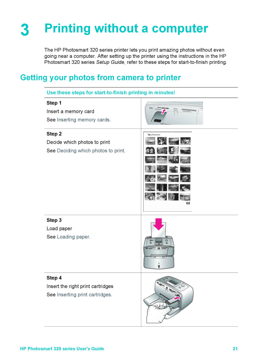 HP Mopier 320 manual Printing without a computer, Getting your photos from camera to printer, Step 