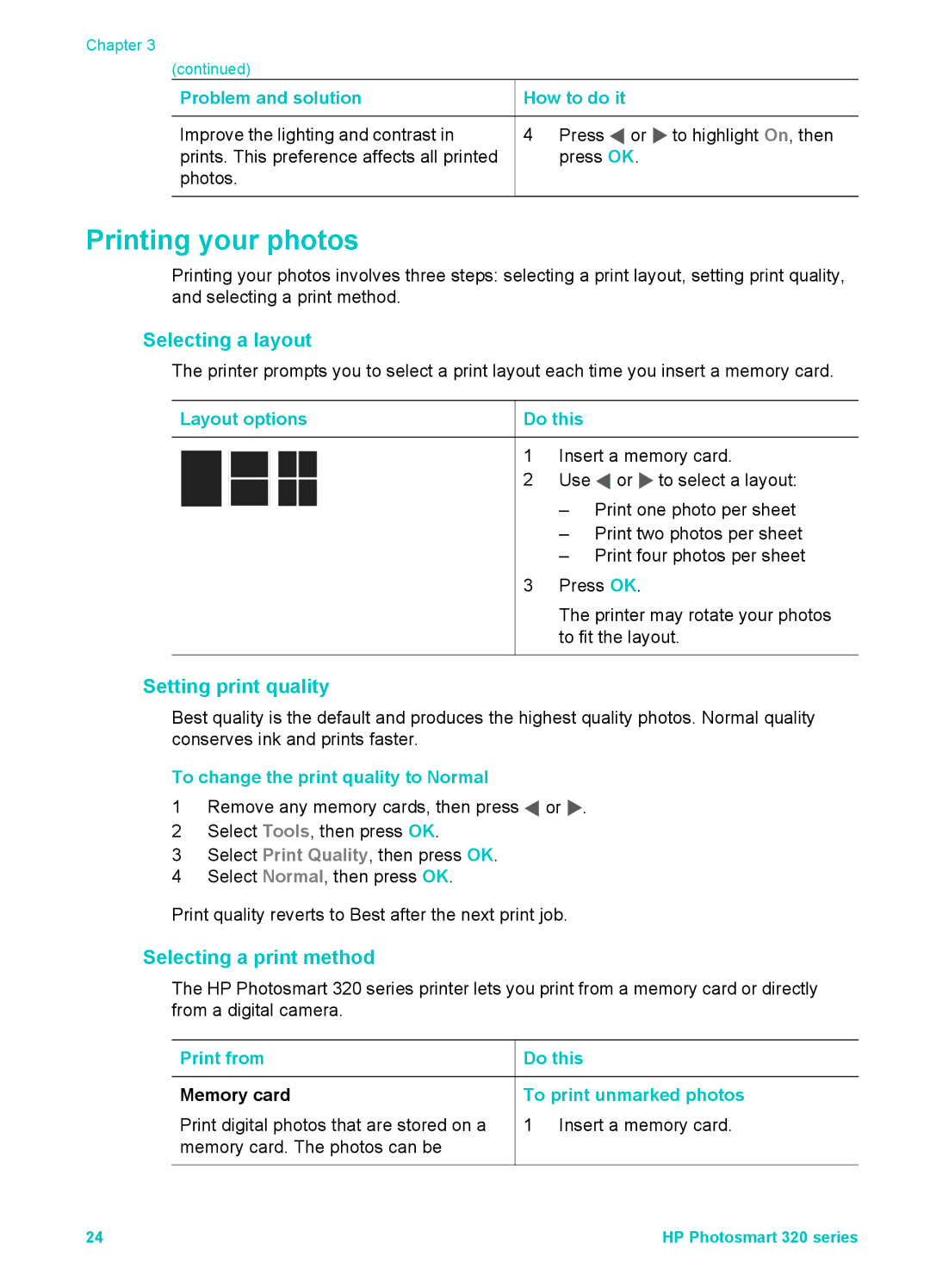 HP Mopier 320 manual Printing your photos, Selecting a layout, Setting print quality, Selecting a print method 