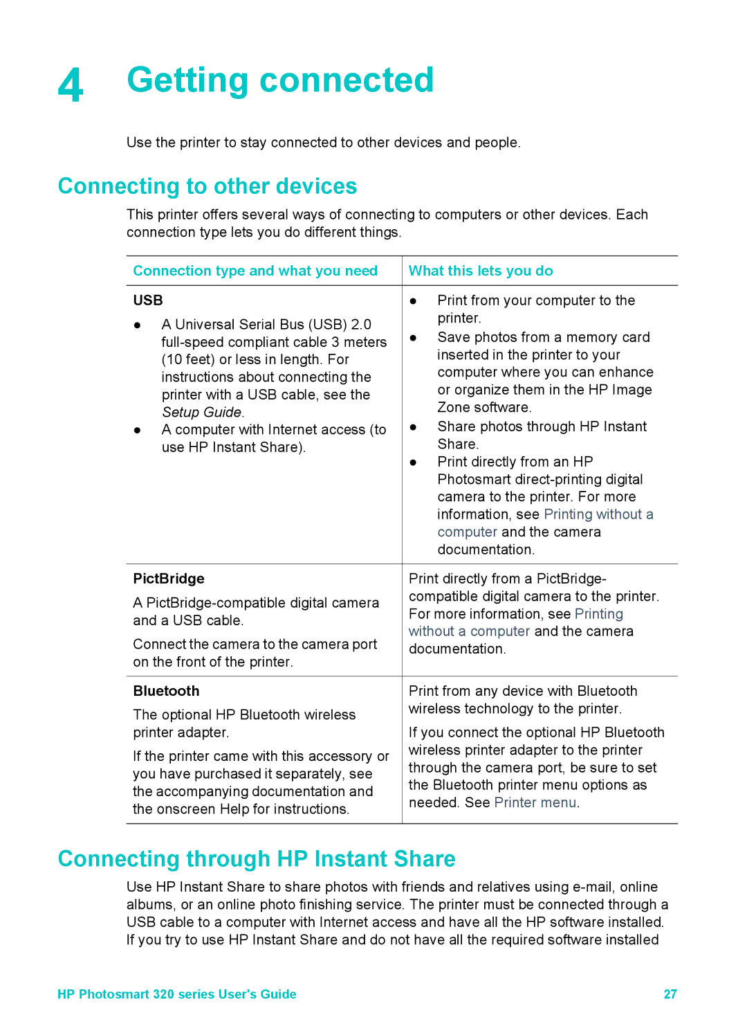 HP Mopier 320 Getting connected, Connecting to other devices, Connecting through HP Instant Share, What this lets you do 