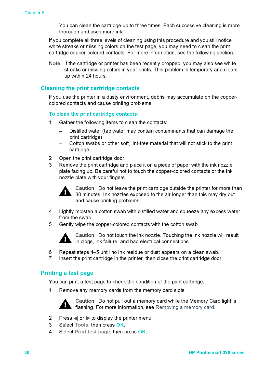 HP Mopier 320 manual Cleaning the print cartridge contacts, Printing a test, To clean the print cartridge contacts 