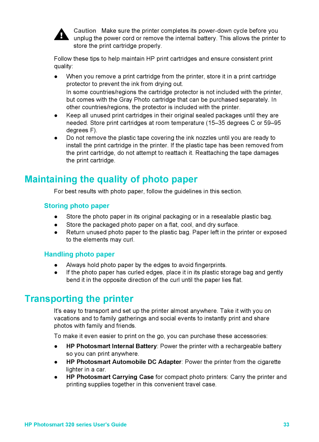 HP Mopier 320 Maintaining the quality of photo paper, Transporting the printer, Storing photo paper, Handling photo paper 