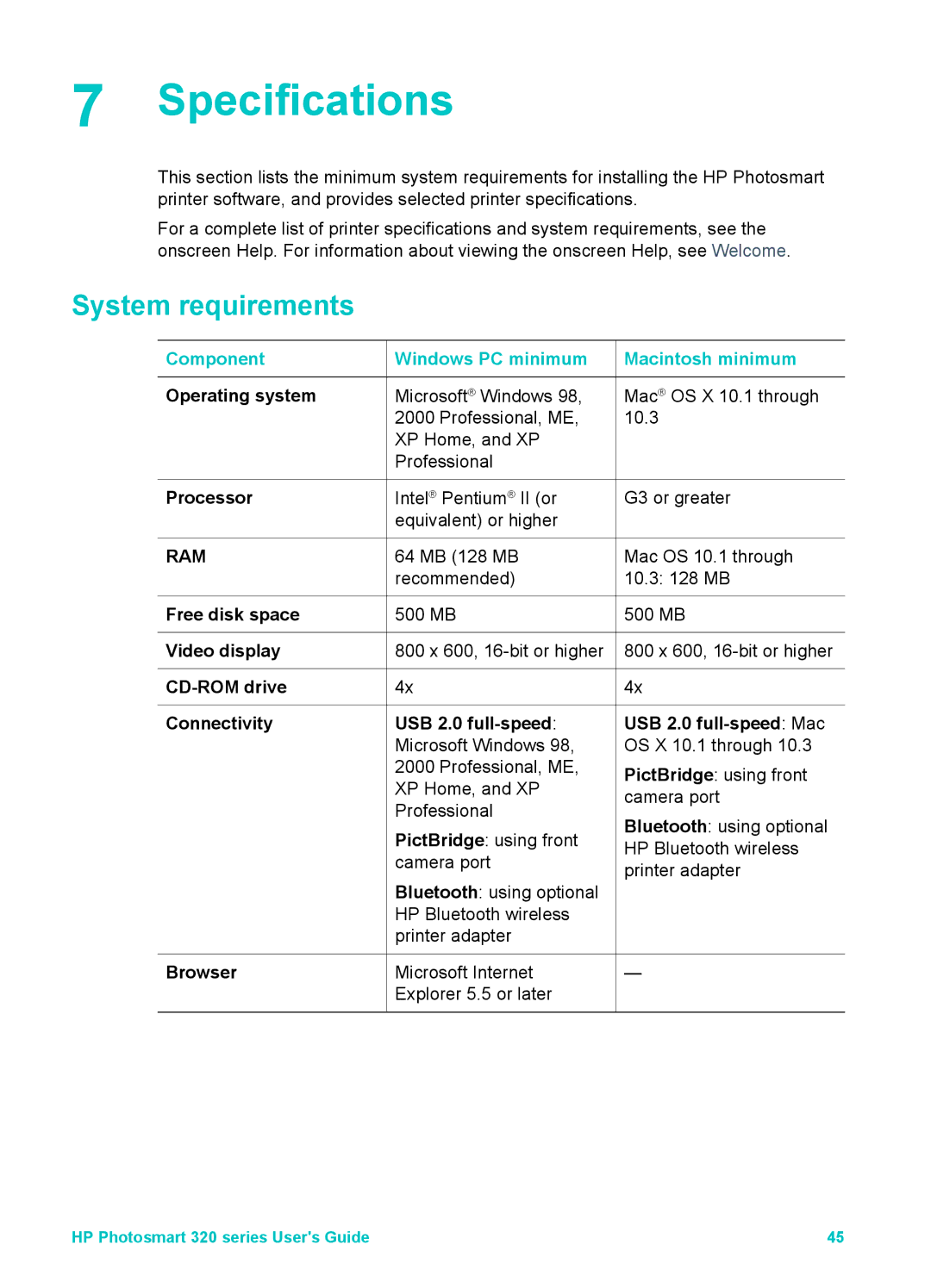 HP Mopier 320 manual Specifications, System requirements, Component Windows PC minimum Macintosh minimum 