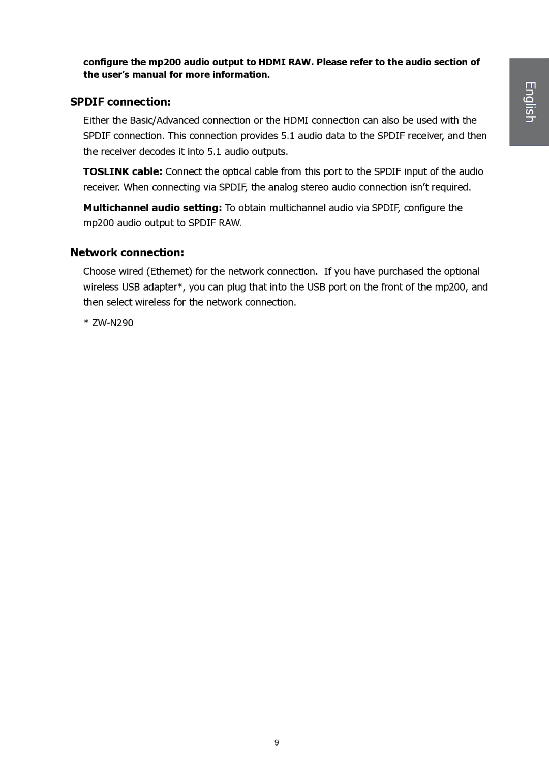 HP MP200 manual Spdif connection, Network connection 