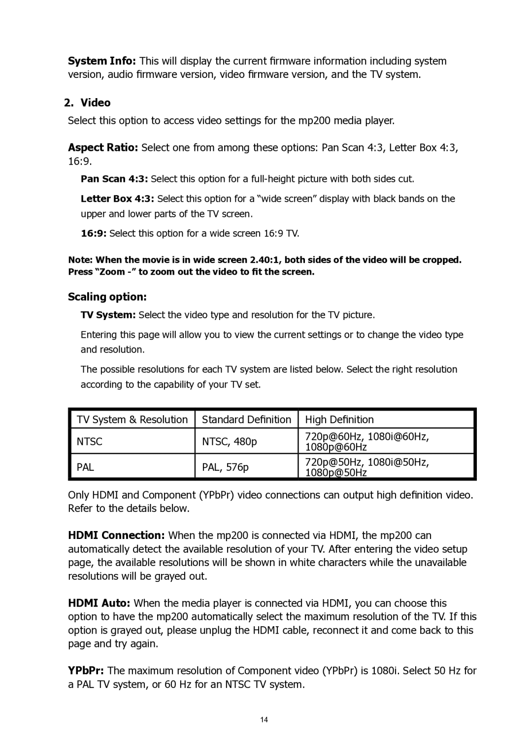 HP MP200 manual Video, Scaling option 