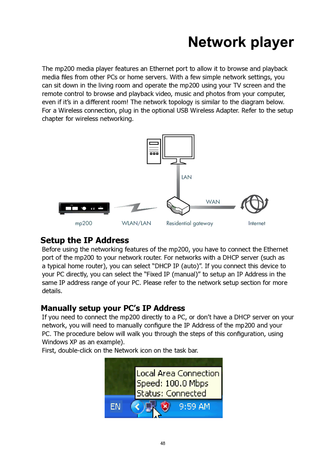 HP MP200 manual Network player, Manually setup your PC’s IP Address 