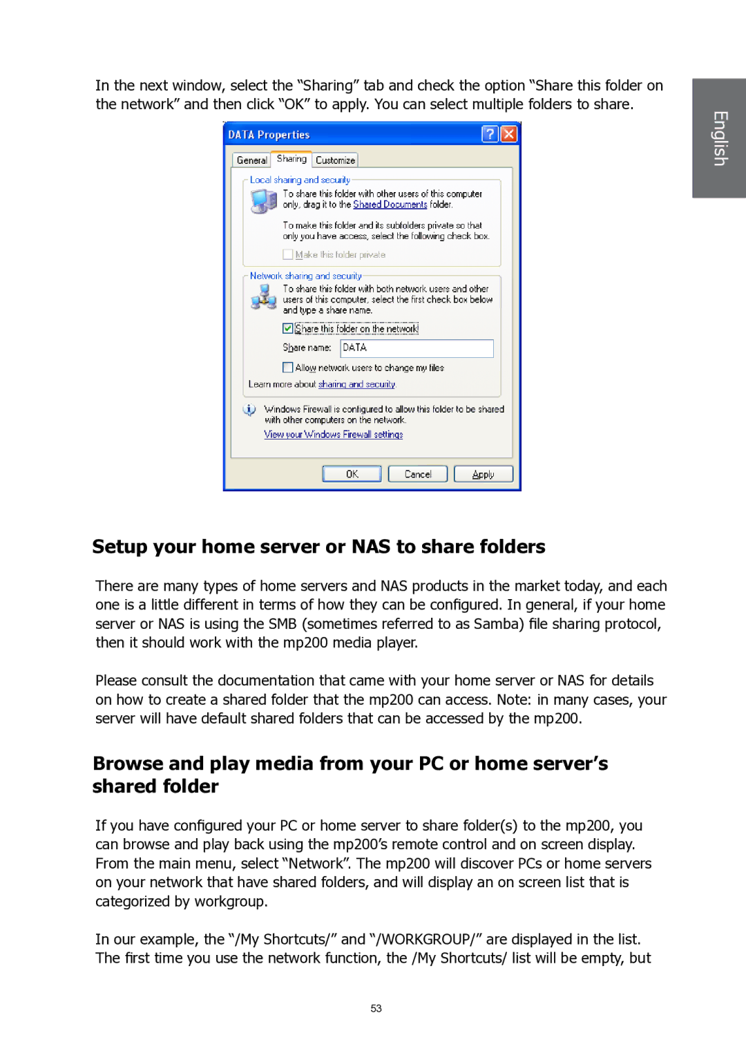 HP MP200 manual Setup your home server or NAS to share folders 