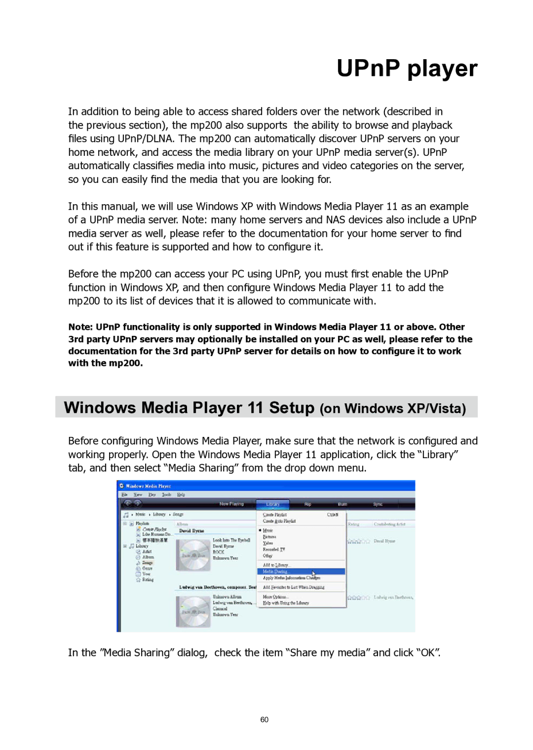 HP MP200 manual UPnP player, Windows Media Player 11 Setup on Windows XP/Vista 
