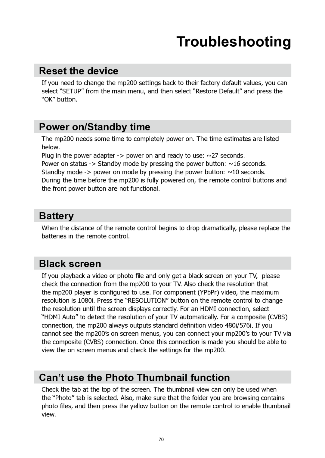 HP MP200 manual Reset the device, Power on/Standby time, Battery, Black screen, Can’t use the Photo Thumbnail function 