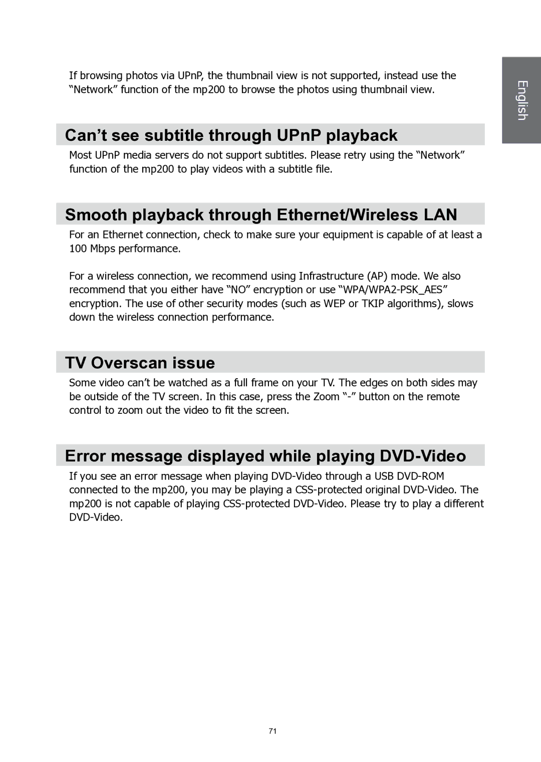 HP MP200 manual Can’t see subtitle through UPnP playback, Smooth playback through Ethernet/Wireless LAN, TV Overscan issue 