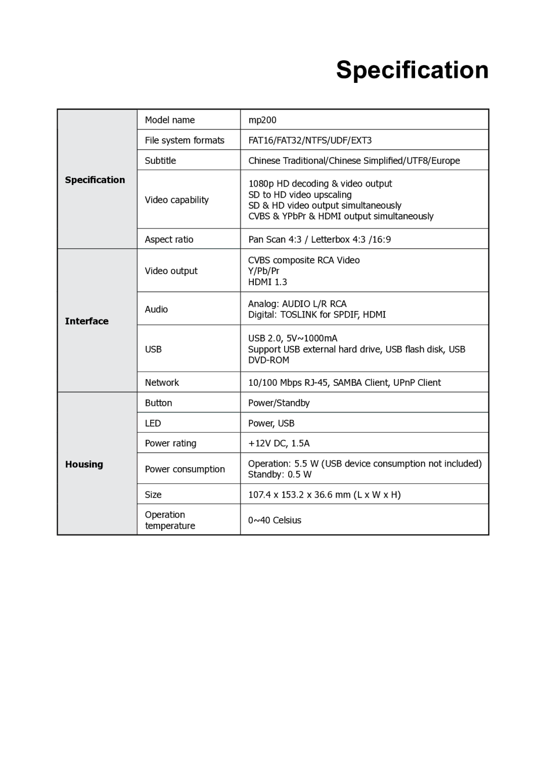 HP MP200 manual Specification 