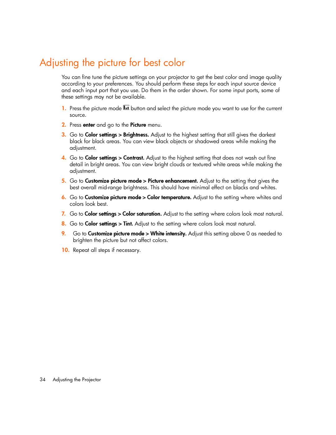 HP mp2215, mp2210 manual Adjusting the picture for best color 