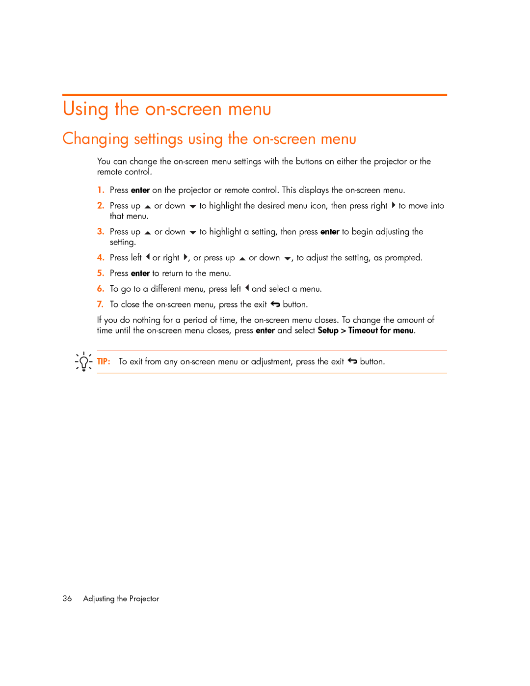 HP mp2215, mp2210 manual Using the on-screen menu, Changing settings using the on-screen menu 