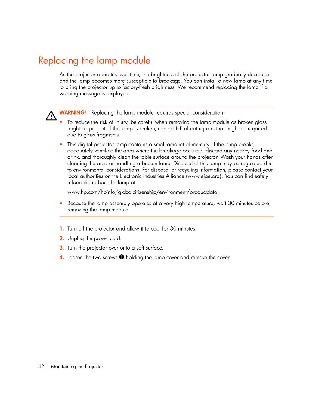 HP mp2215, mp2210 manual Replacing the lamp module 