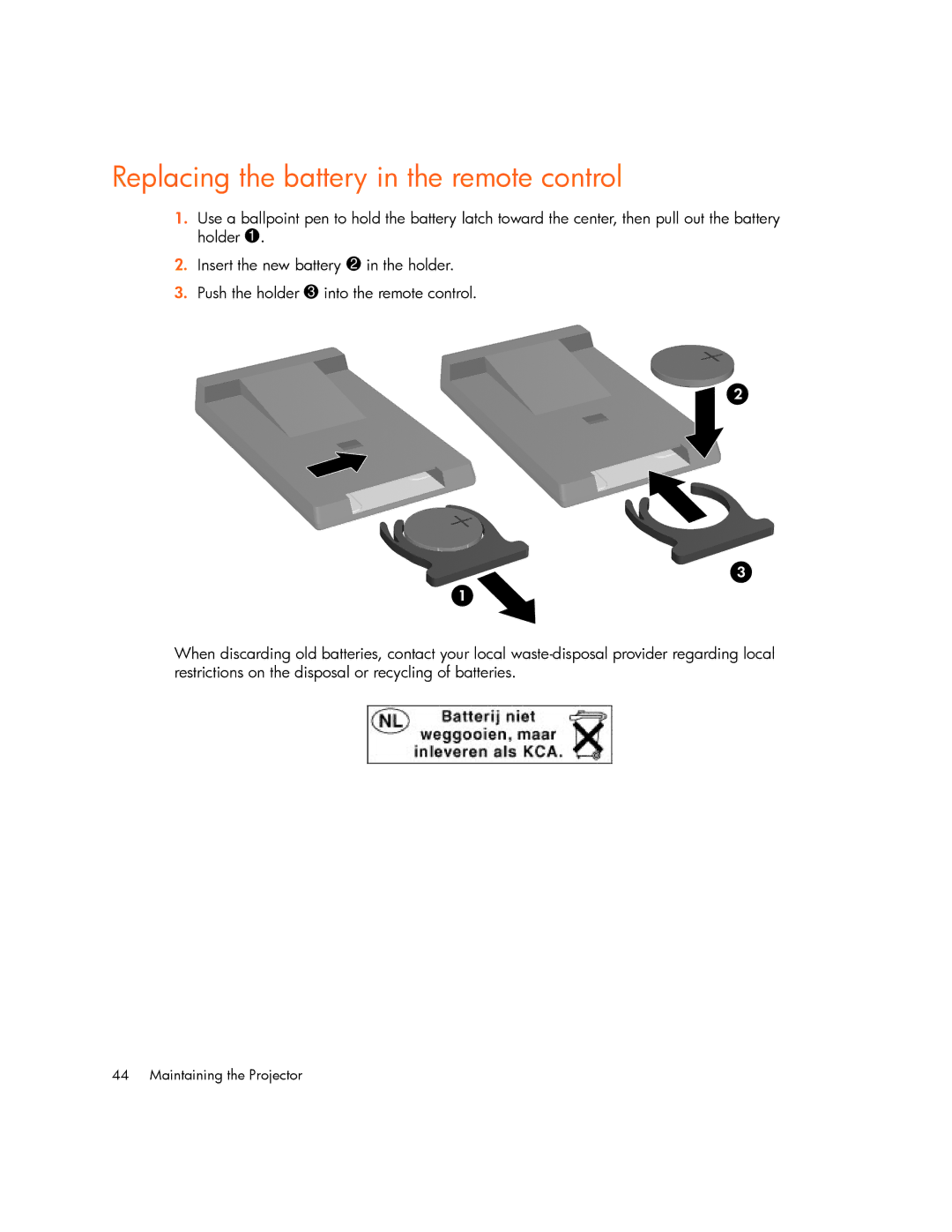 HP mp2215, mp2210 manual Replacing the battery in the remote control 